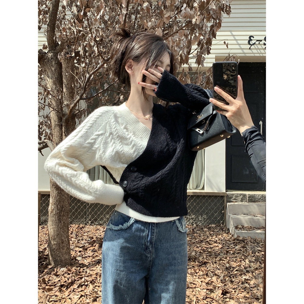 Áo sweater Dệt Kim Cổ Chữ V Phối Nút Chéo Hai Màu Thời Trang Mùa Thu Mới