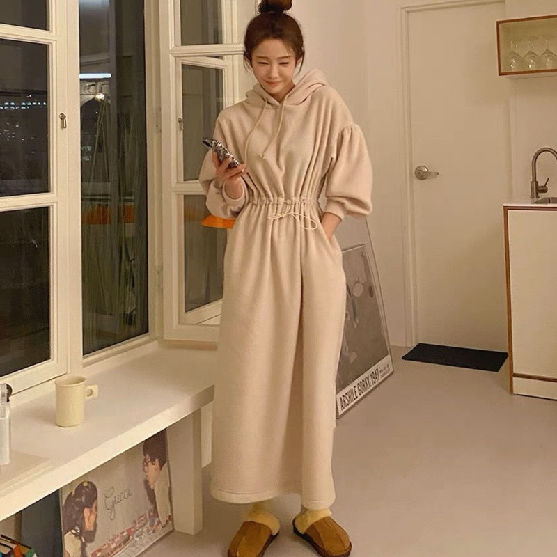 Đầm Hoodie Dài Tay Màu Sắc Thời Trang Hàn Quốc Cho Nữ