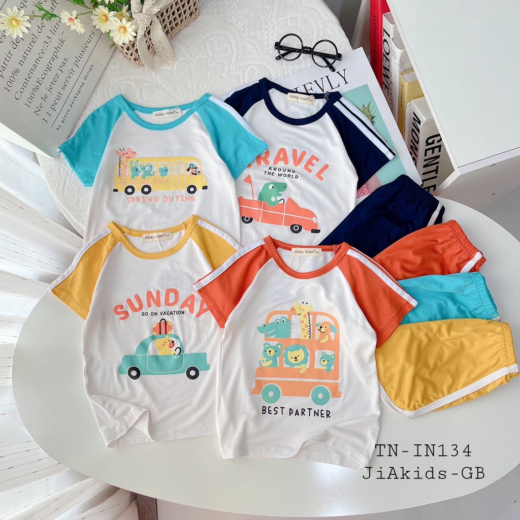 Bộ Cộc Tay THUN LẠNH MINKY MOM Sọc Tay Áo và In Hình Dễ Thương Cho Bé TN-IN134