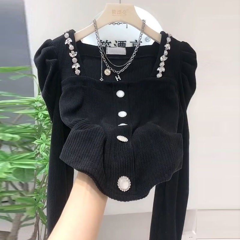 Áo Kiểu Cổ Vuông Tay Phồng Đính Đá Phong Cách Pháp Thời Trang Thu Đông 2022 Mới Cho Nữ