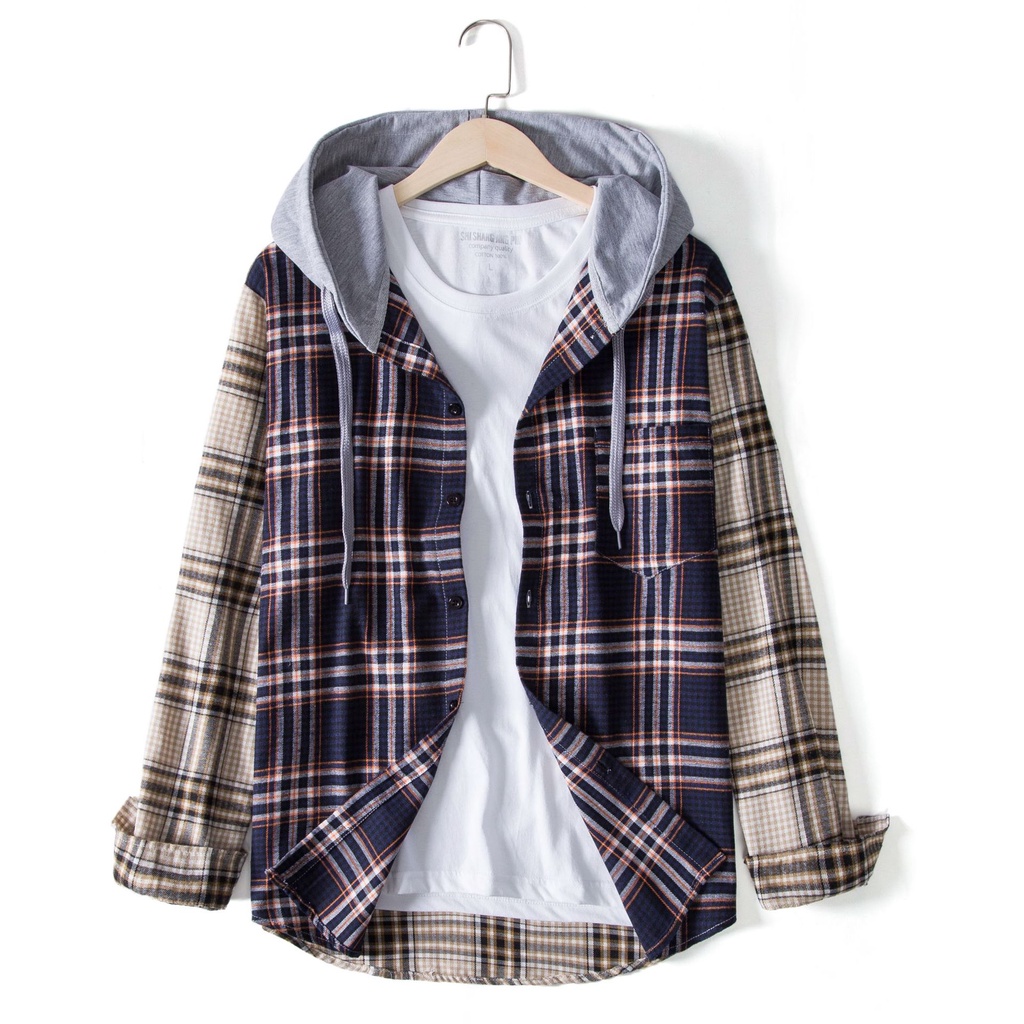 Áo Khoác Sơ Mi Nam Tay Dài Có Nón Phối Túi Họa Tiết Caro Thời Trang Thu Đông 2022