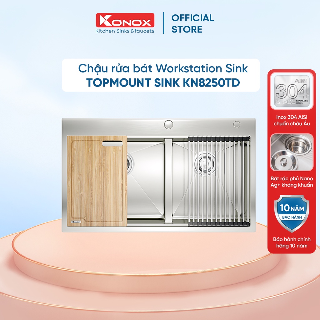 Chậu rửa bát cao cấp KONOX Topmount Series KN8250TD, inox 304AISI, full set gồm Siphon+Thớt gỗ+Rollmat