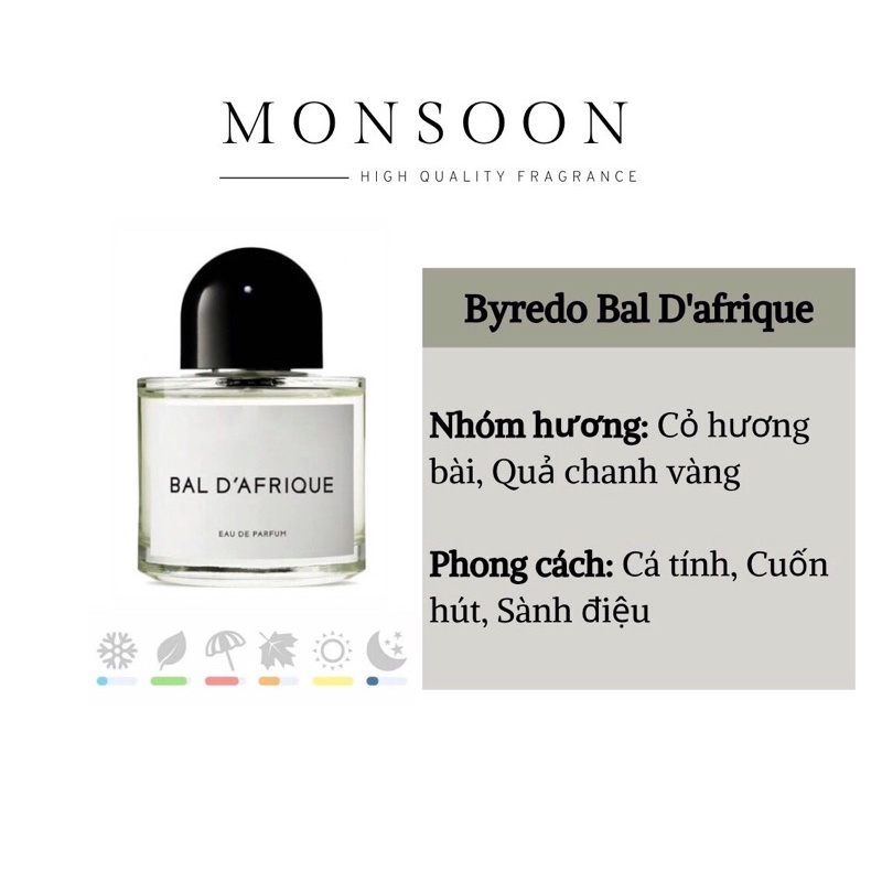 Nước hoa nam nữ (unisex) Byredo Bal D’Afrique EDP cao cấp Monsoon thơm lâu hương trái cây gỗ mùi mát mùa hè