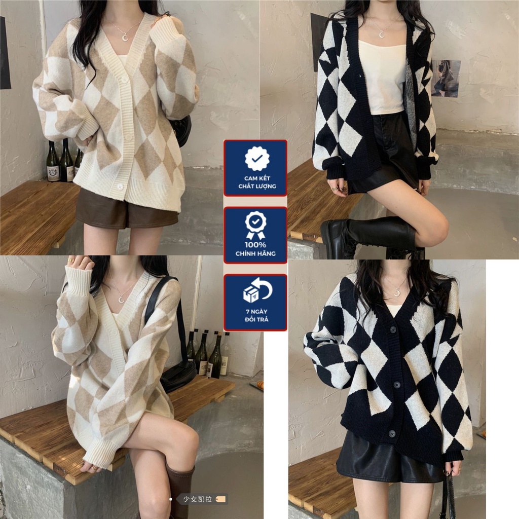 Áo Khoác Len, Áo Cadigan Dáng Dài From Rộng Tay Dài Cổ V Họa Tiết Hình Thoi Dọc 2 Màu Trắng, Đen Hàng Qccc Ak9103