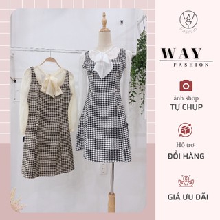 Váy thiết kế WAYFASHION dạ nơ kẻ cao cấp 6 khuy đồng phối tay tơ SP16018