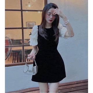 Đầm - Váy nhung thiết kế phối tay voan nơ bồng 2 tầng tiểu thư siêu xinh