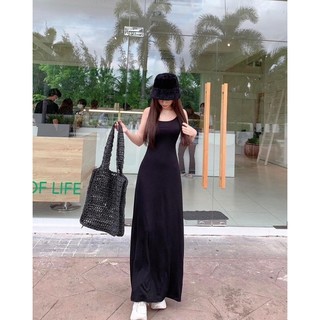 ĐẦM THUN ĐEN DÁNG DÀI XOÈ HƠ LƯNG ĐAN DÂY
