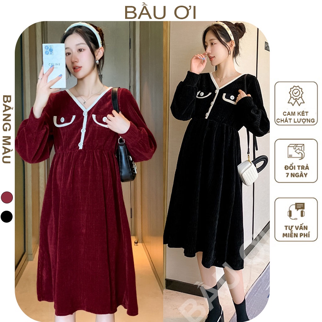[BAUOII V128] VÁY BẦU THU ĐÔNG DÀI TAY CHẤT NHUNG TĂM ĐẸP - ĐẦM BẦU CÔNG SỞ THỜI TRANG HÀN QUỐC MẶC ĐI LÀM ĐI TIỆC