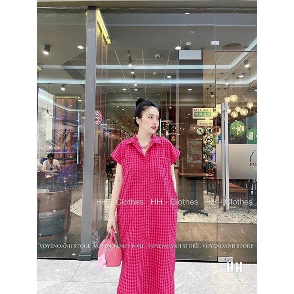 Đầm suông midi kẻ đũi vân xốp màu hồng bánh bèo tiểu thư