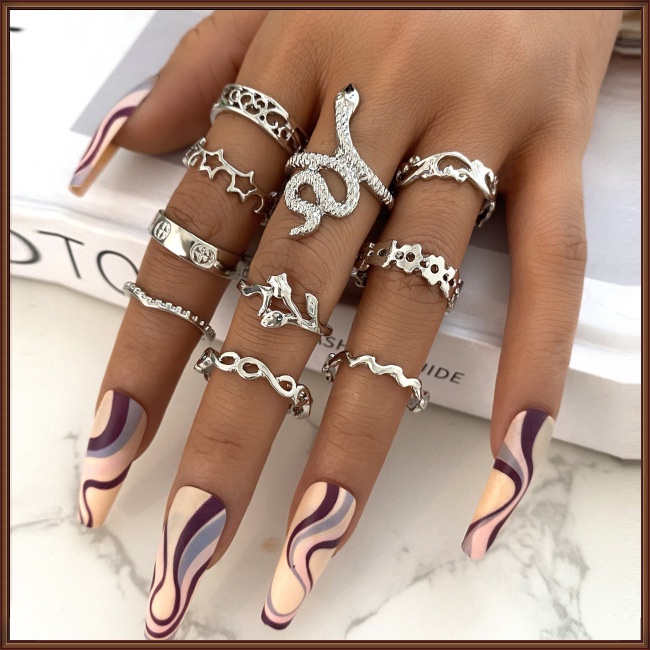 Set 10 Nhẫn Đeo Khớp Ngón Tay Họa Tiết Hình Học / Hình Rắn / Hoa Phong Cách Retro Cho Nam Và Nữ