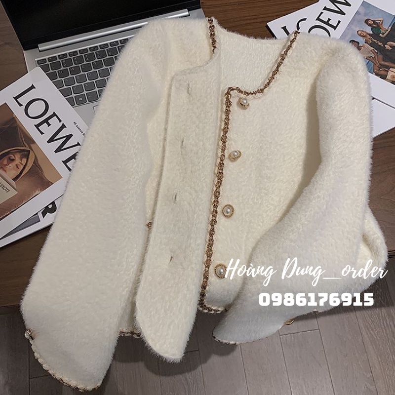 Áo Khoác Cardigan Len Nữ Giả Dạ Tweed Cổ Tròn Viền Kim Tuyến Cúc Ngọc Dài Tay Hàng Quảng Châu Phong Cách Hàn Quốc