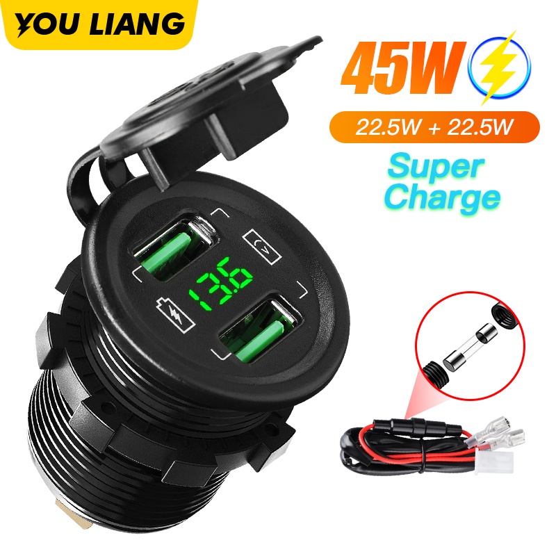 Cục Sạc Nhanh 45W Cổng USB Kép Bằng Nhôm Có Vôn Kế Cho Xe Hơi / Xe Máy / Tàu Thuyền ATV / RV