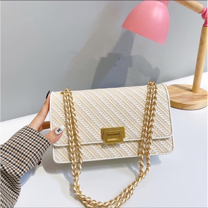 Túi khoá gập size 22cm quai xích phối da