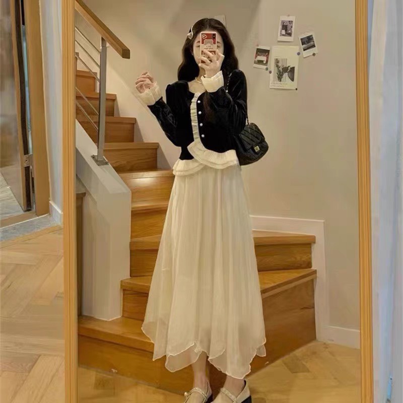 Set áo nhung viền bèo chân váy tơ xuocs VNHN0009