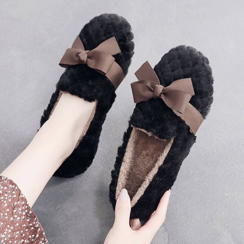 Giày Búp Bê Đế Bằng Lót Lông Cừu Đính Nơ Xinh Xắn Thời Trang Mùa Đông