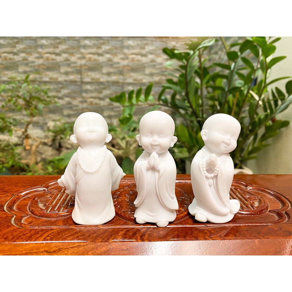 Bộ Chú Tiểu Tam Không, Yêu Đời, Tự Tại, An Yên Đá đúc Trắng trang trí bàn làm việc, nhà cửa, quà tặng PT80
