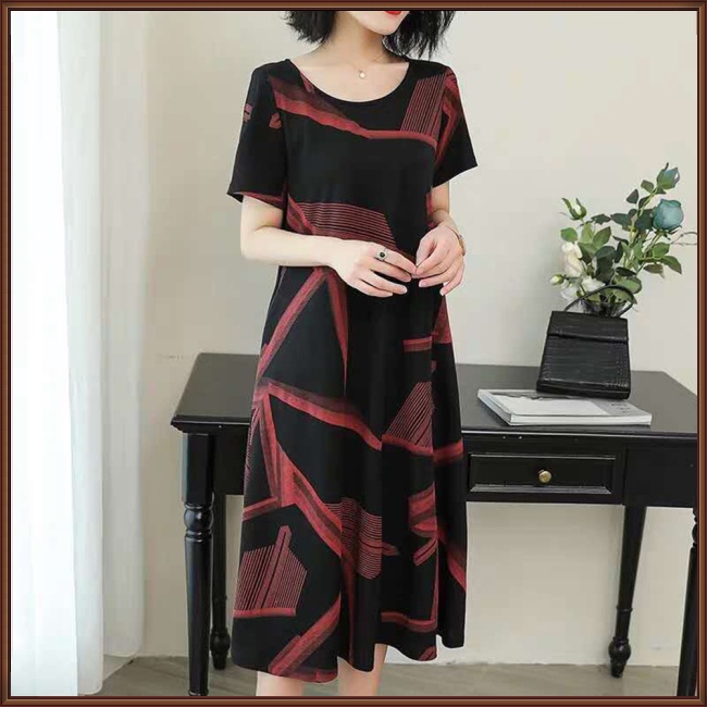 Đầm Midi Tay Ngắn Cổ Tròn Dáng Chữ A In Họa Tiết Trừu Tượng Thời Trang Xinh Xắn Cho Nữ