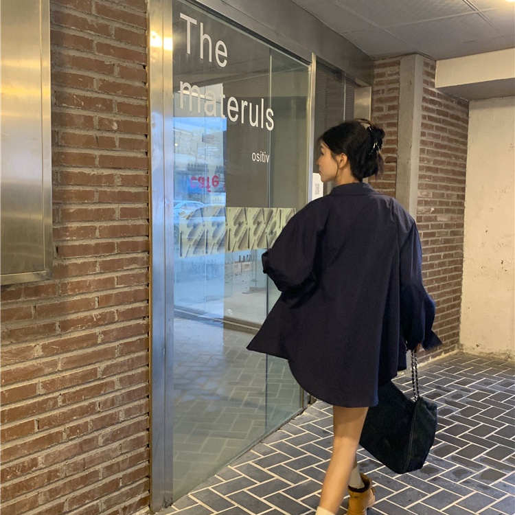 Áo sơ mi SUXI tay dài dáng rộng in chữ trẻ trung phong cách Hàn Quốc cho bạn gái