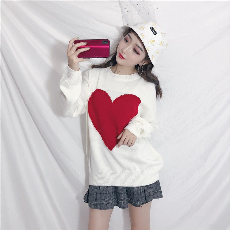 Áo Sweater Dệt Kim Dáng Rộng In Hình Trái Tim Phong Cách Thời Trang Mới Cho Nữ