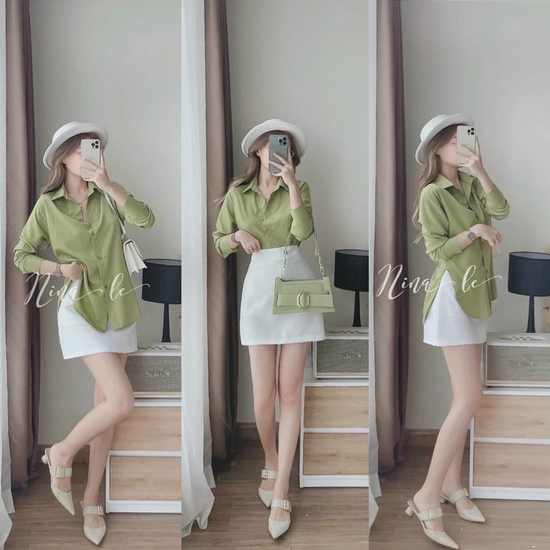 Sét váy thời trang nữ mặc đi chơi áo chất đũi sơ mi tay dài xanh mạ mix chân váy chữ a có lót cotton lạnh
