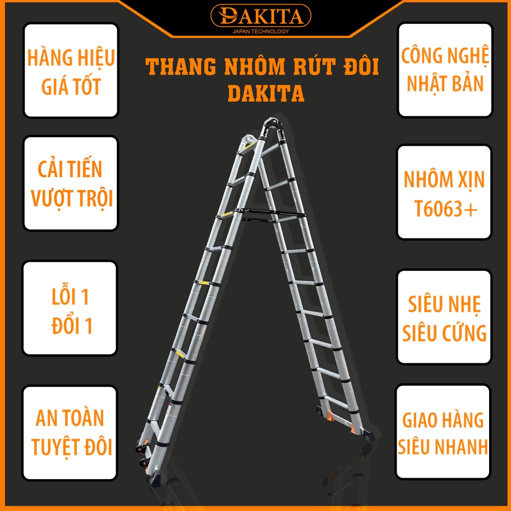 Thang rút đôi Chữ A Đa Năng Nhật Bản DAKITA Chữ A cao 2.5m Duỗi 5m DKT-250, Nhôm Cao Cấp, Chắc Bền, Bảo Hành 2 Năm