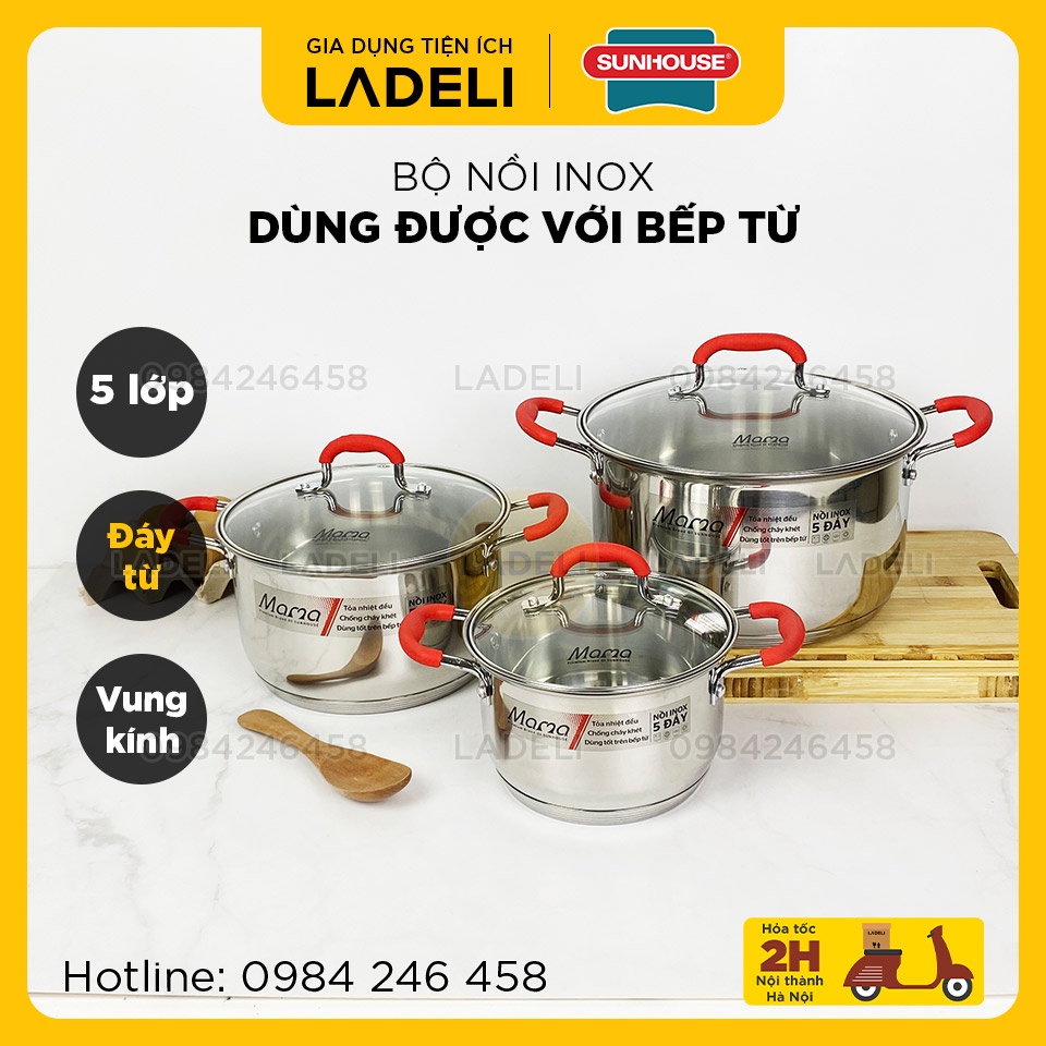 Bộ nồi inox 5 đáy SUNHOUSE SHG2503MBD / SHG2503MSD dùng được với bếp từ