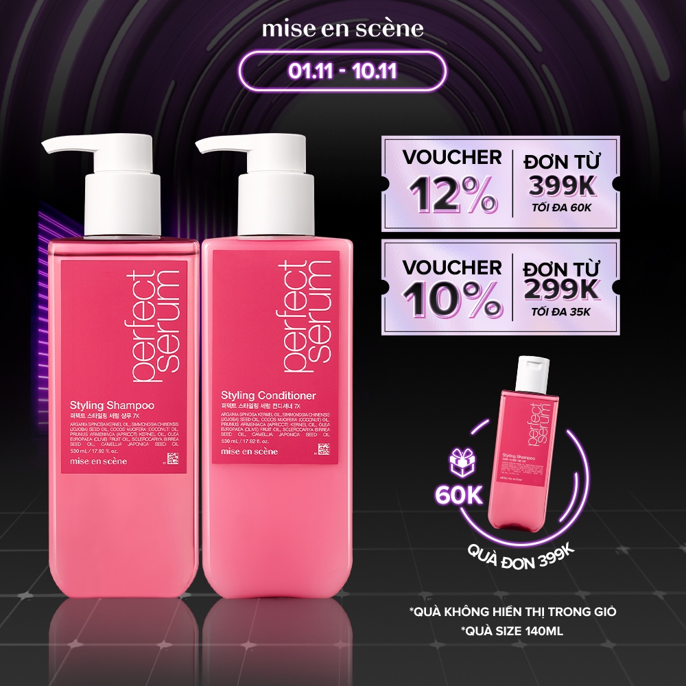 Bộ đôi Gội-Xả mise en scene Perfect Serum Styling suôn mượt vào nếp dành cho tóc uốn