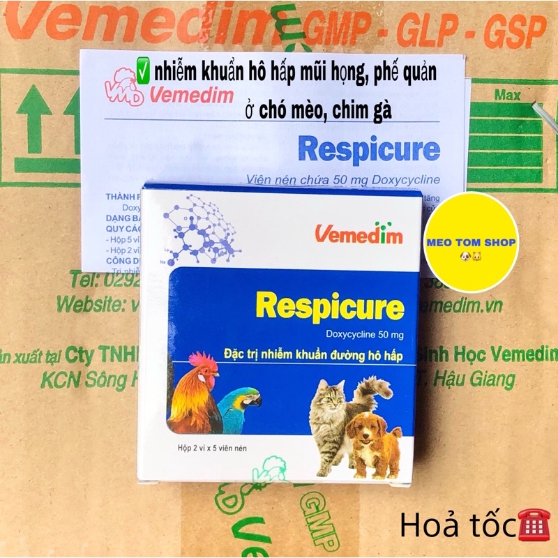 Hộp 10viên respicure 50mg tốt cho đường hô hấp chó mèo, chim gà cảnh