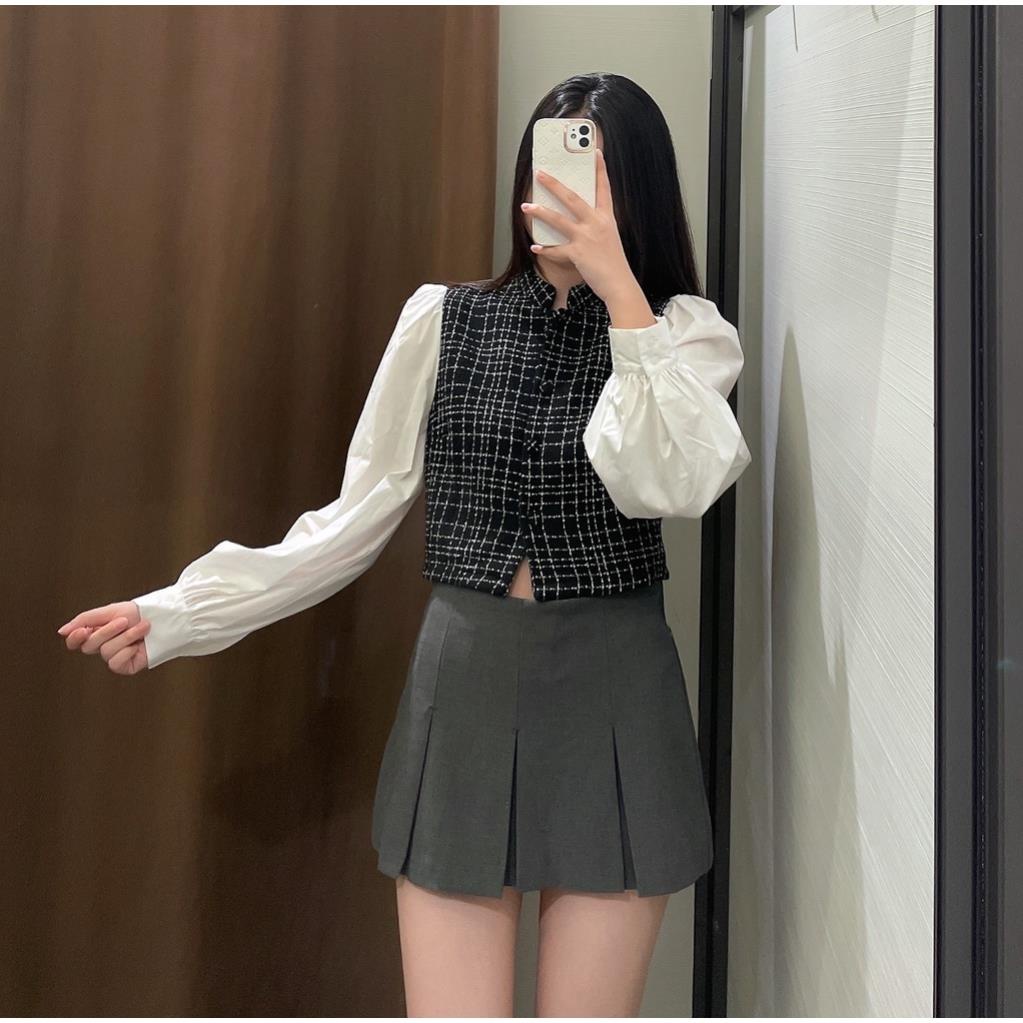 Made in Morocco - Áo Zara Sơ Mi Tay Dài Dáng Ngắn Phối áo gile karo AK07SMG45N9