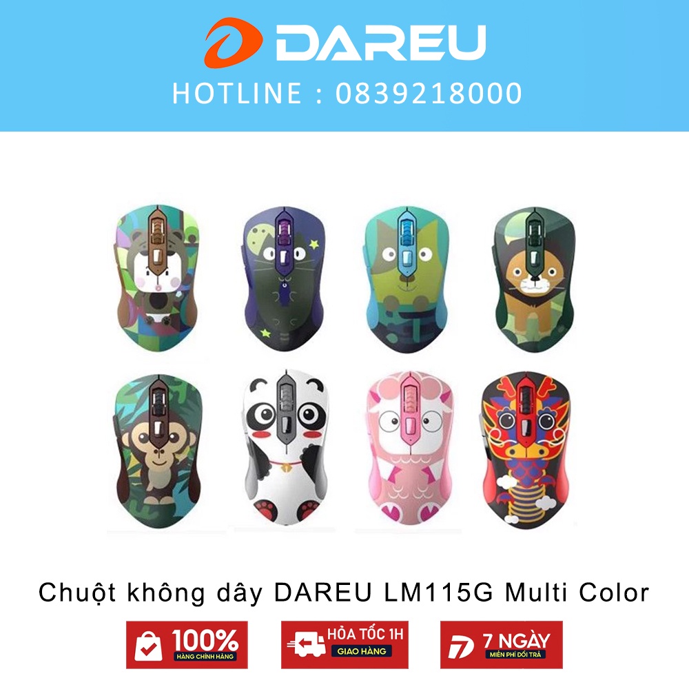 Chuột không dây DAREU LM115G Multi Color - Hình động vật cực đáng yêu - Bảo hành chính hãng 2 năm