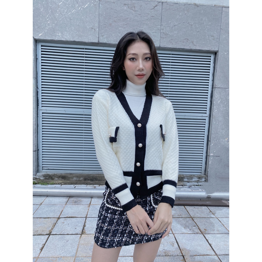 Set đồ cho bạn nữ cá tính: chân váy dạ kết hợp áo croptop và áo khoác cadigan len