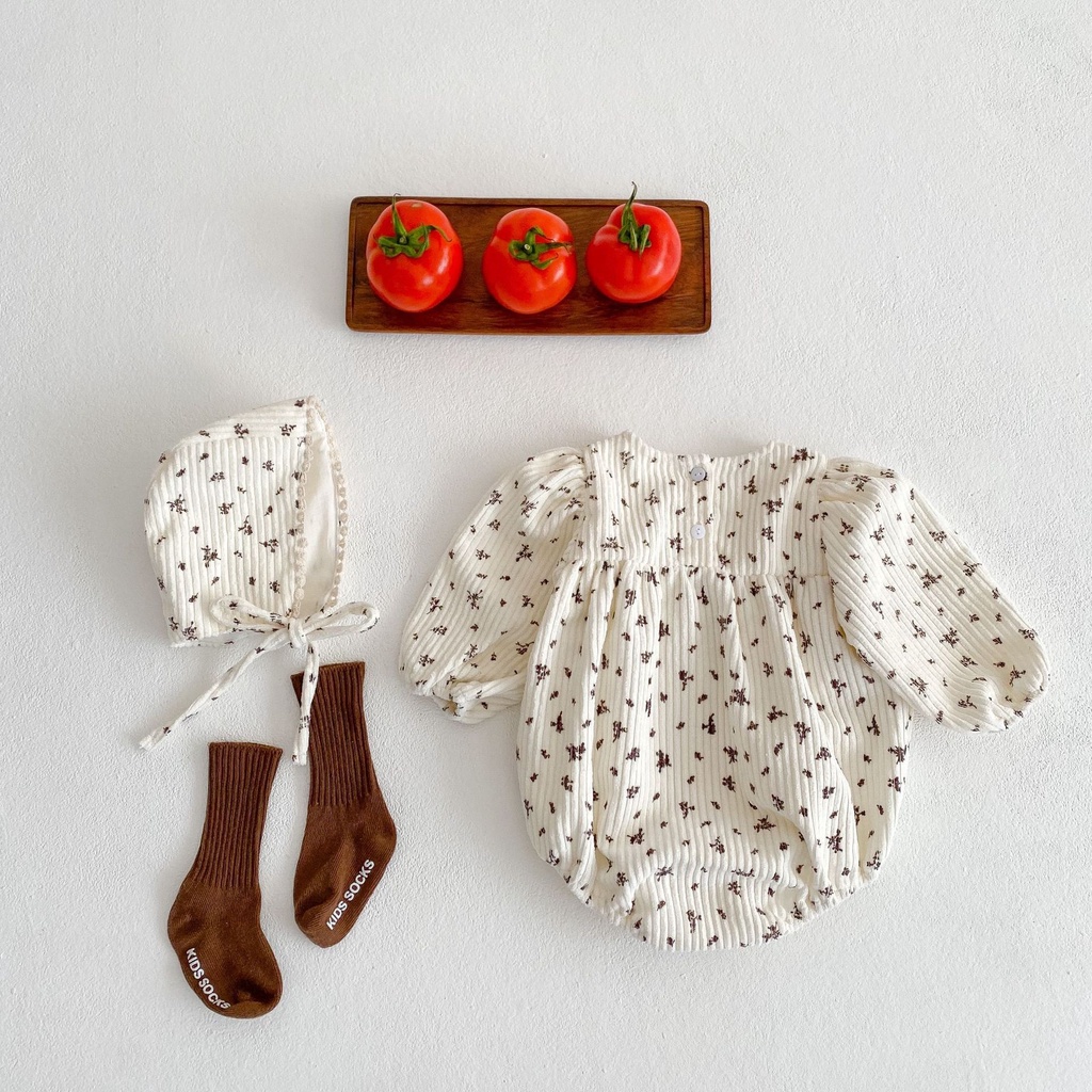 Bộ Áo Liền Quần Vải Cotton Tay Dài In Hoa Nhỏ Dễ Thương Phong Cách Hàn Quốc Cho Bé Gái Sơ Sinh