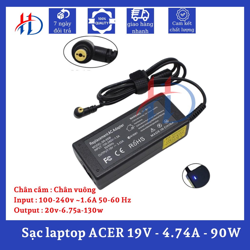 Sạc laptop ACER 19V - 4.74A - 90W - Sạc Zin - Hàng Chính Hãng