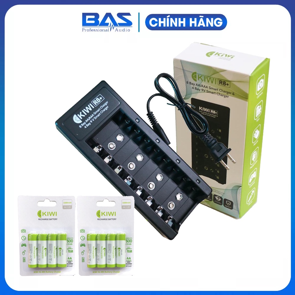 Combo dock sạc kèm 8 viên pin sạc kiwi 3300mAh, hàng chính hãng, bảo hành 12 tháng