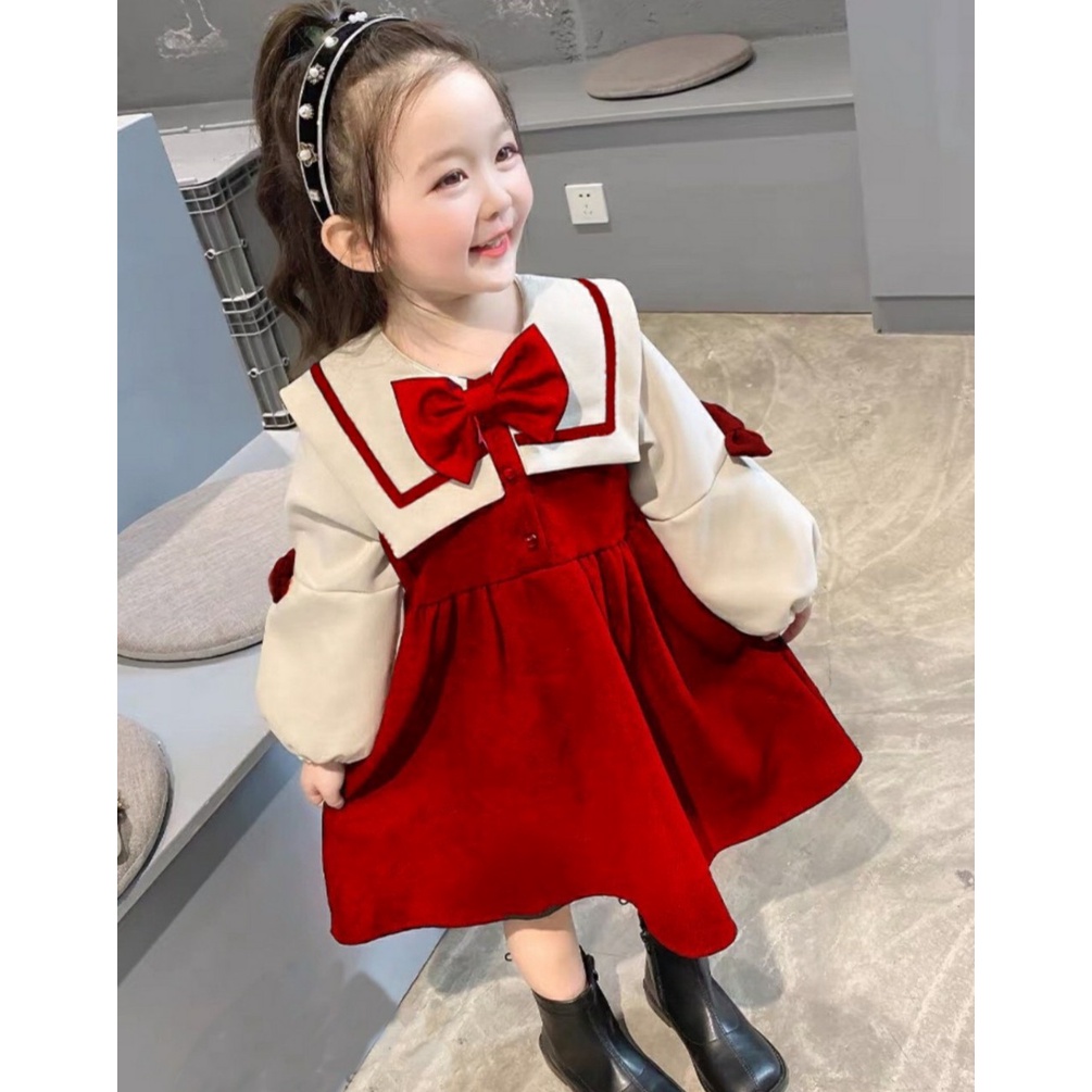 váy nhung công chúa bé gái dài tay đính nơ trước ngực từ 12-24kg