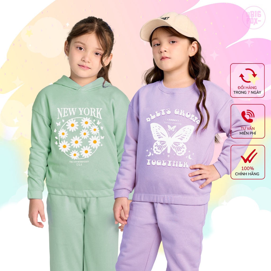 Bộ nỉ bông cho bé gái Bigfox Miss Meow size đại, bộ thu đông cho bé in bướm Lets Grow size 12,13,14,15 tuổi