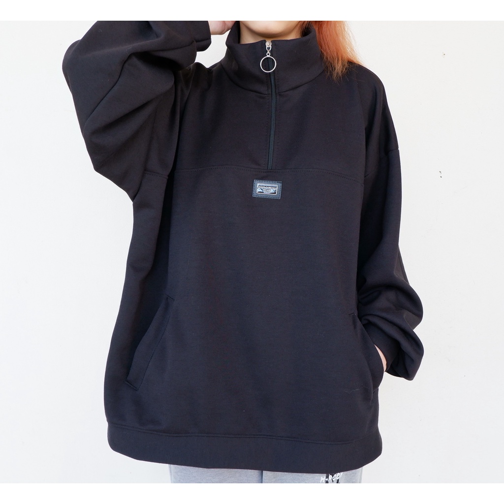 Áo polo nỉ tay dài, cổ cao, khóa kéo dạng khuyên