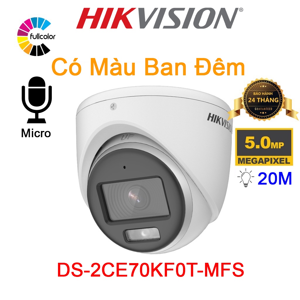 Camera HDTVI ColorVu 5MP Bán Cầu HIKVISION DS-2CE70KF0T-MFS Vỏ Sắt, Chống Nước - Bảo Hành 24 Tháng