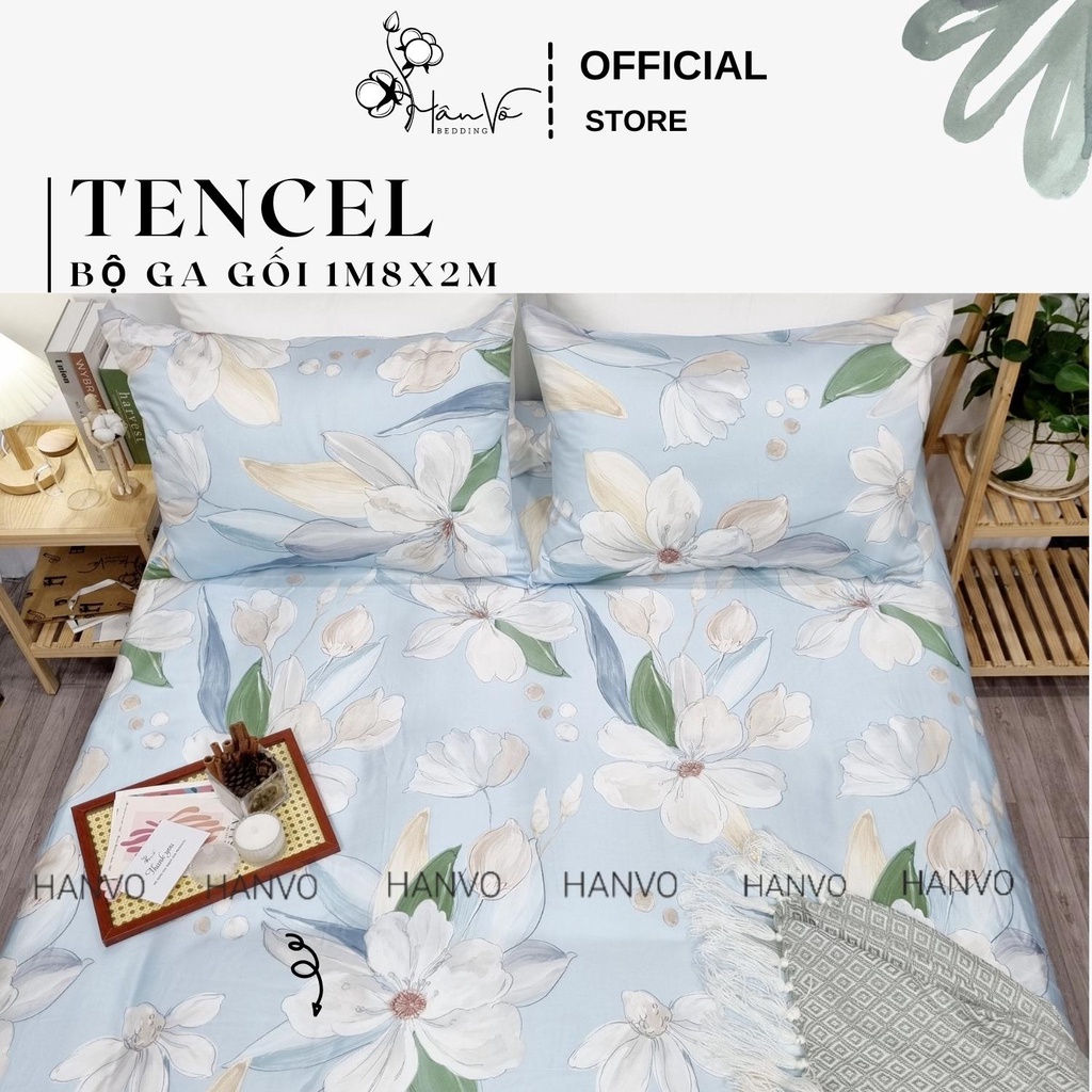 Bộ ga gối LỤA TENCEL nhiều họa tiết Hân Võ, chất liệu mềm mát mịn cao cấp, set drap gối