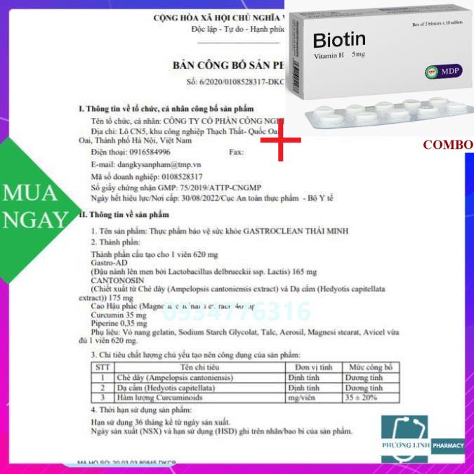 Combo Biotin 5mg+ Viên uống Gastroclean Thái Minh hổ trợ cho người bị viêm loét dạ dày, hộp 20 viên