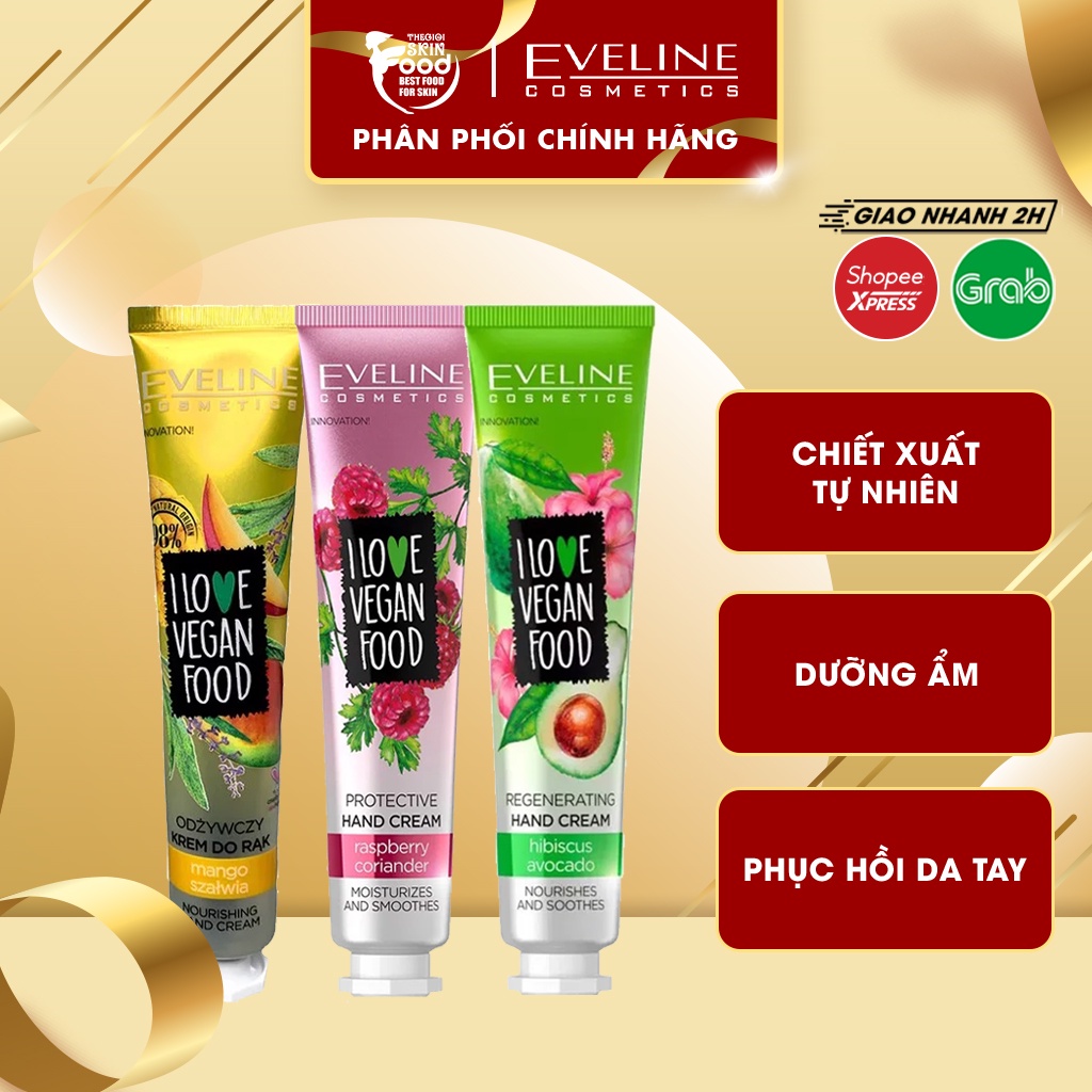 Kem Dưỡng Da Tay Chiết Xuất Tự Nhiên, Phục Hồi Da Mềm Mại Eveline Cosmetics I Love Vegan Food Hand Cream 50ml