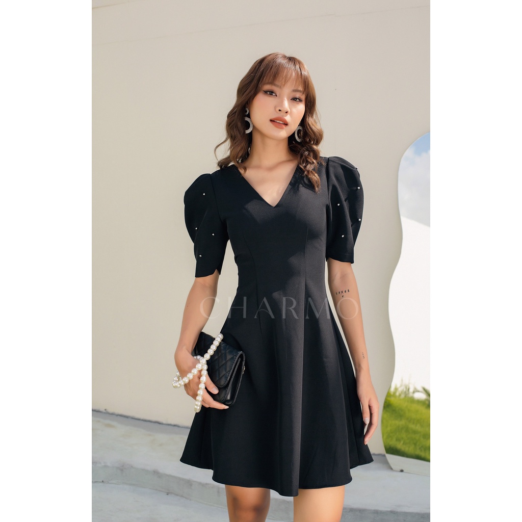 Đầm thiết kế CHARMO cổ tim form chữ A tay phồng Vneck Mini Dress