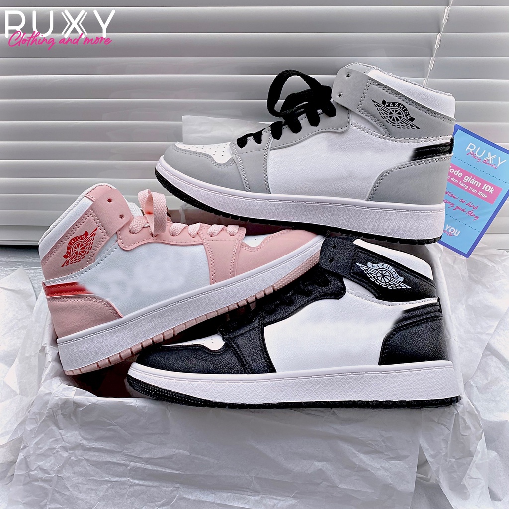 Giày Sneaker Thể Thao Nữ Cao Cấp AJ 1 High Đen - Ghi - Hồng Cổ Cao