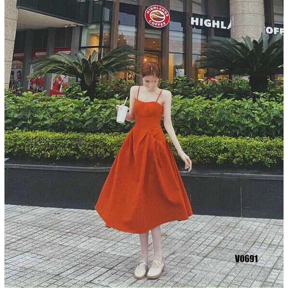 [11.11 Sale Freeship] Đầm nữ hai dây dáng xòe tùng màu cam đi chơi dạo phố sang chảnh giúp nàng nổi bật giữa đám đông