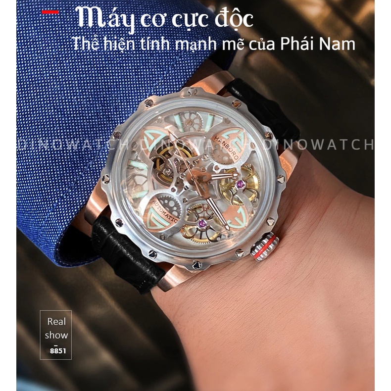 Đồng Hồ Nam Hanboro HBR 8851 Lộ Máy - Dây Da , Máy Automatic , Size 46mm