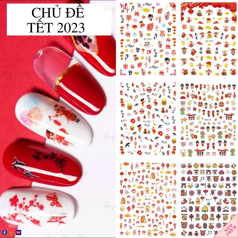 Sticker, hình dán móng hoạ tiết Tết, chú mèo thần tài may mắn trang trí móng tay nghệ thuật chuyên nghiệp nail