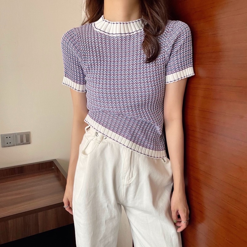 IELGY    Áo Thun Tay Ngắn Họa Tiết Sọc Ngang Màu Sắc Tương Phản Phong Cách Hàn Quốc Cho Nữ