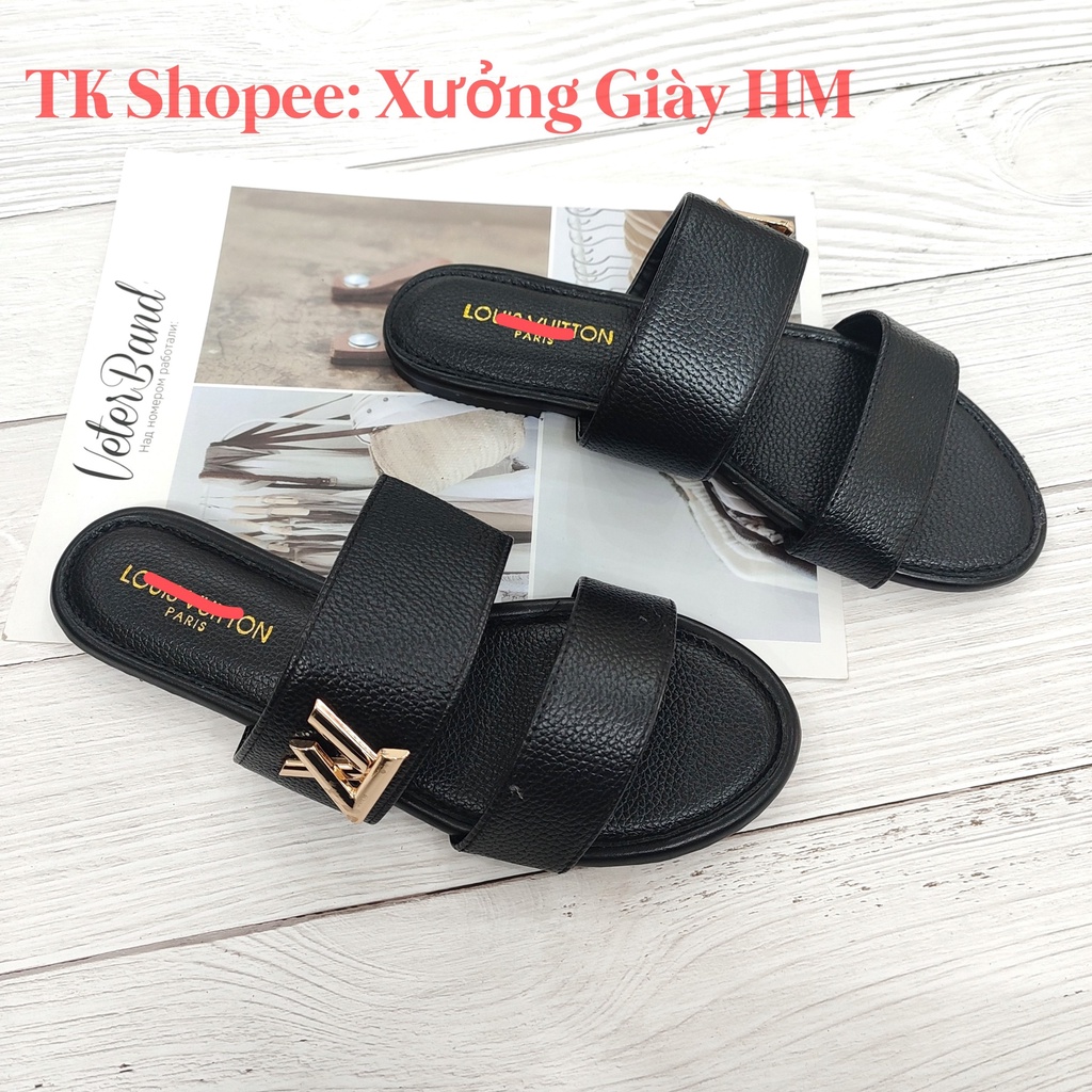 Dép Lê Nữ Thời Trang Các Màu 2 Quai Ngang Da Sần Đính Chữ LV Hàng Loại 1