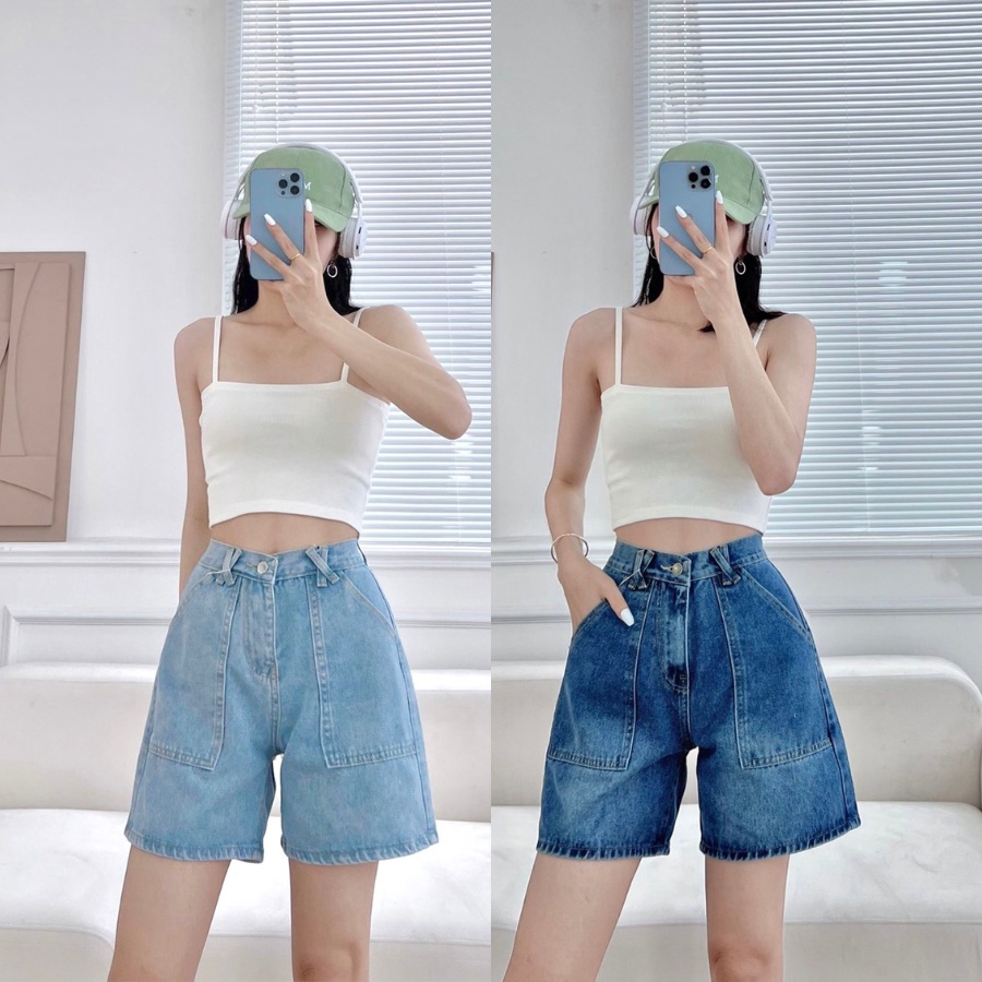 Quần ngố bò lưng cao, short jean ống rộng đai nịt chéo xinh xắn có bigsize (JĐC)