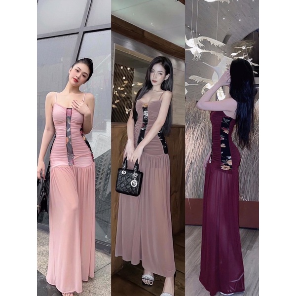 (Hình thật sản phẩm) Đầm 2 dây maxi dự tiệc lưới phối hoa YN HMTBOUTIQUE